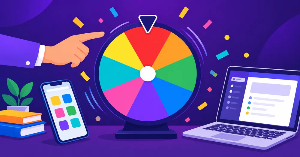 A colorful spinning prize wheel on a desk beside a phone and a laptop, with a hand pointing at it and confetti in the air